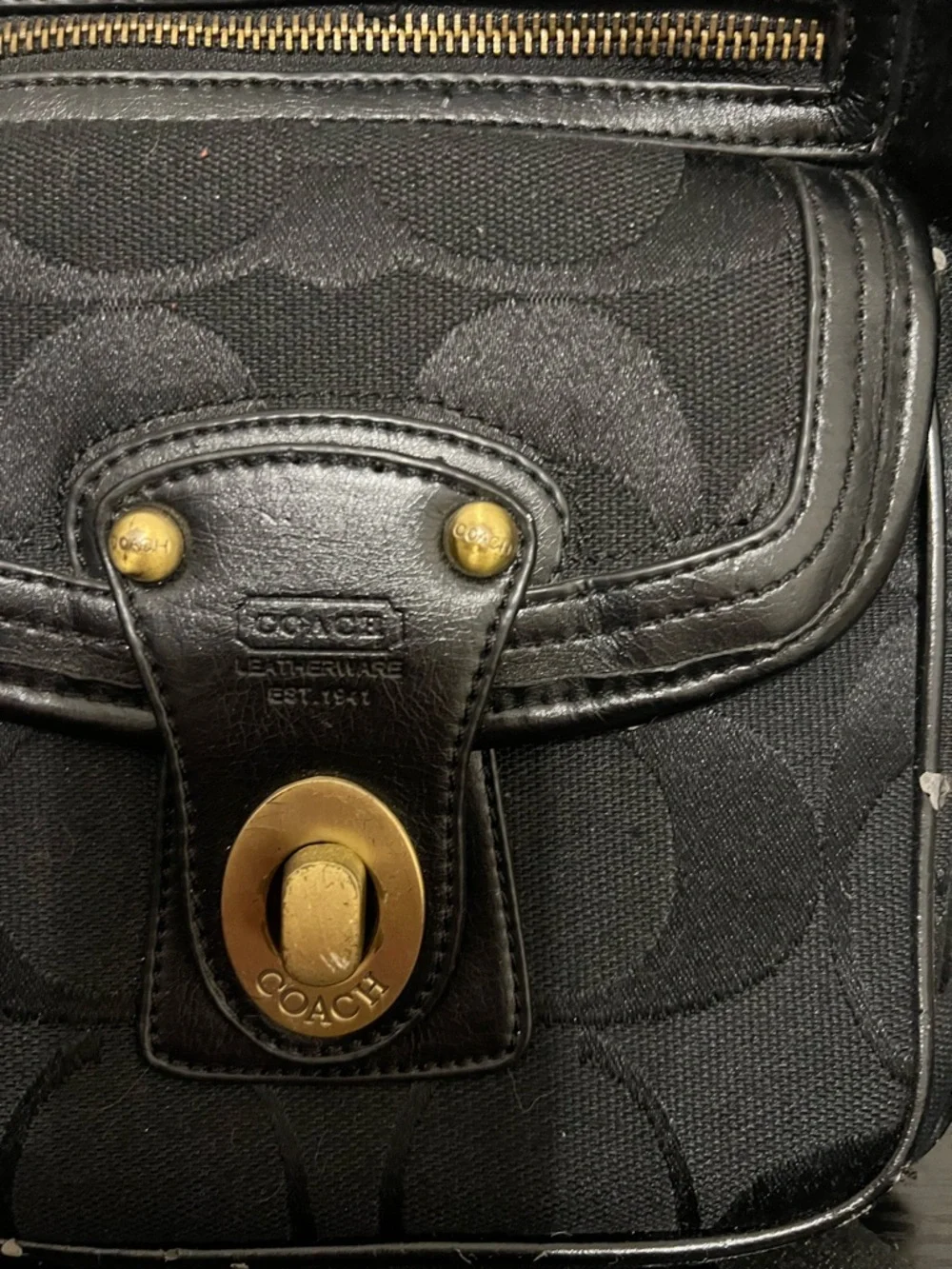 Coach Black Signature Messenger Bag with Gold Hardware
